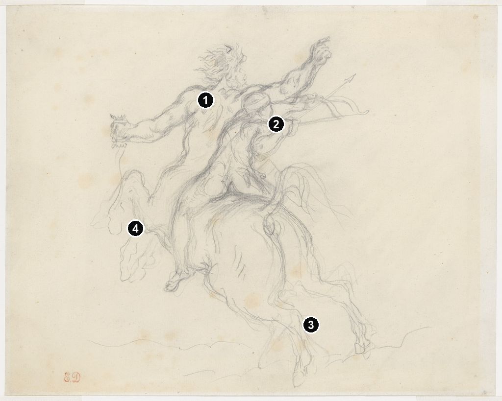 Annotated details from The Education of Achilles (Drawing) by Eugène Delacroix